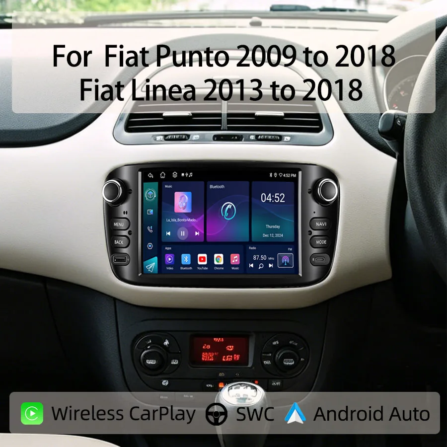 Radio de coche Android de 7 pulgadas para Fiat Punto/Fiat Linea 2009 a 2018, CarPlay inalámbrico, Android Auto, GPS, navegación, Bluetooth, control de dirección