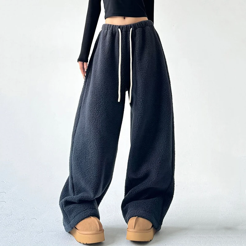 Faux Lambswool Warm Wide-Leg Pants Women 2024 Chic Drawstring Waist Winter Joggers Woman Solid Color Loose Sweatpants Female