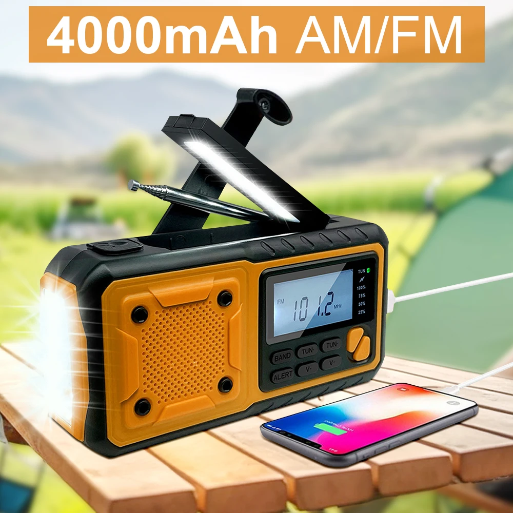

4000mAh Portable Emergency Solar Power Radio Hand Crank Charging AM/FM Weather Radio Led Reading Flashlight Bank Phone Charger
