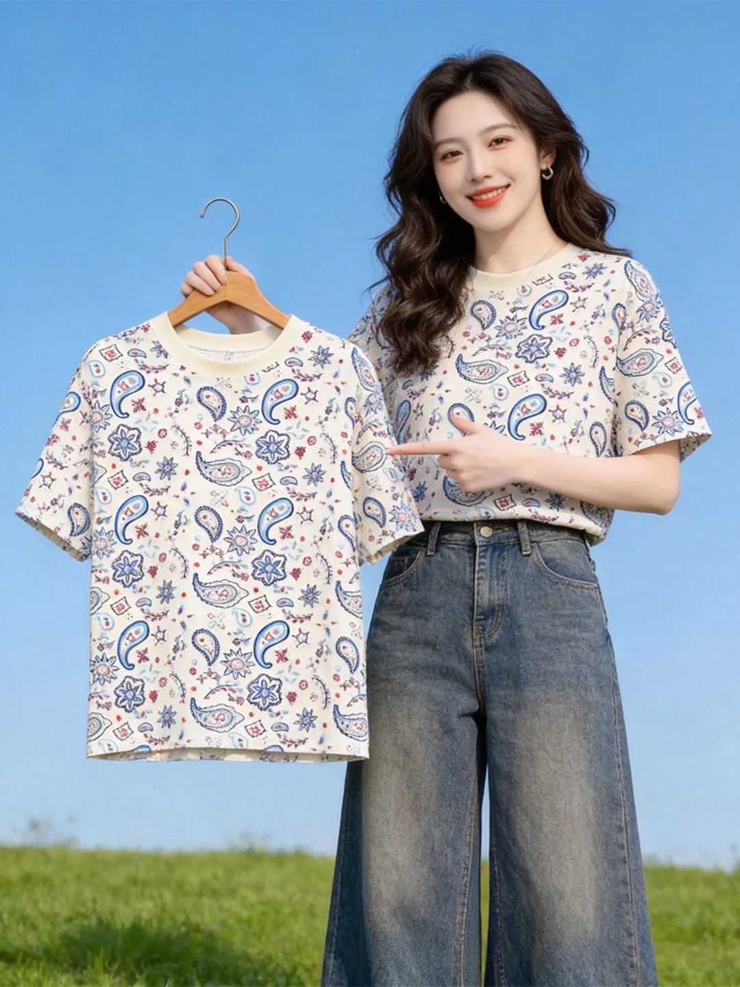 Summer Elegant round Neck Short Sleeve T-Shirt Women's 2026 New High-End Feeling Print Correct Shoulder Slimming Top
