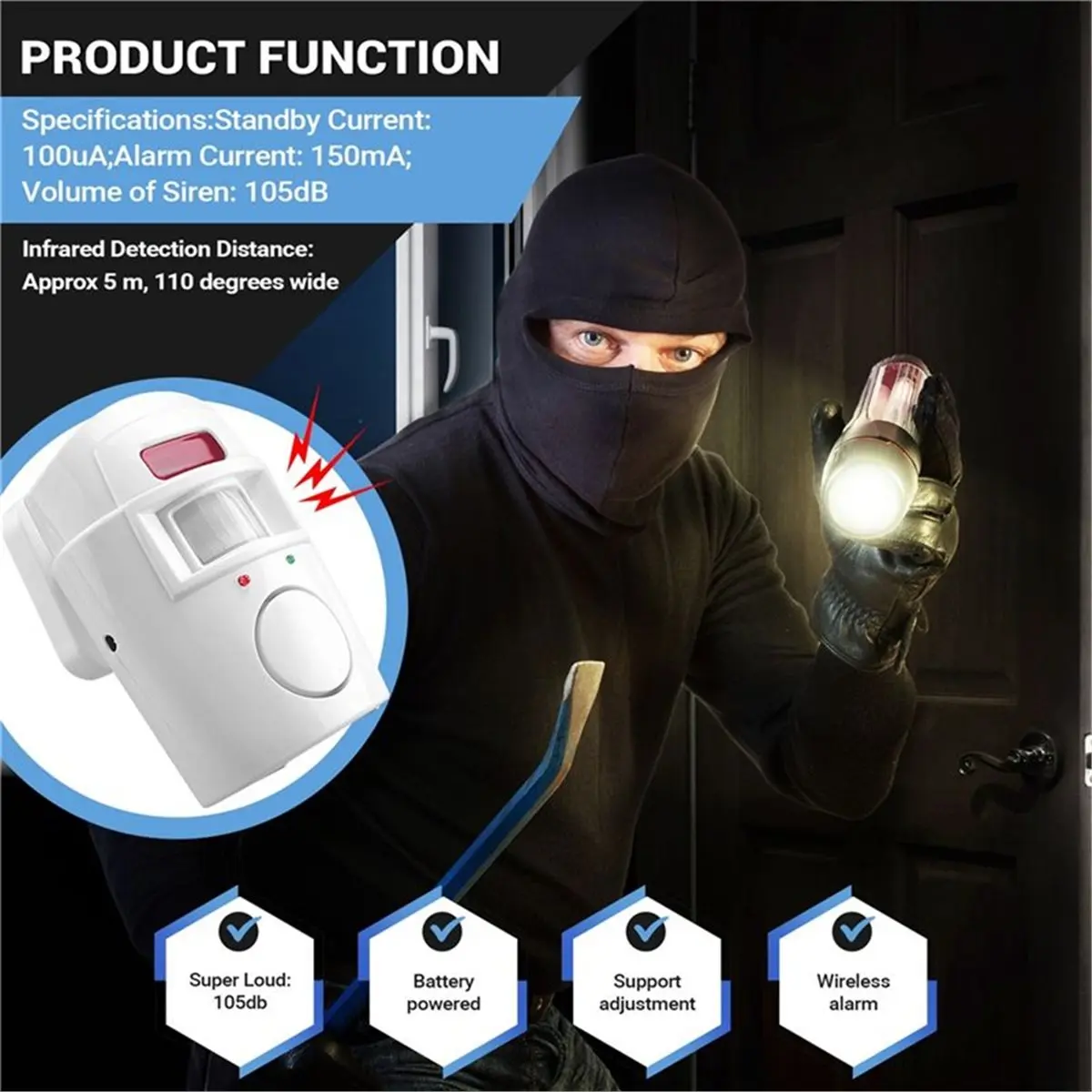 Wireless Motion Sensor Detector Alarm, Battery-Powered Infrared Motion Sensor Security for Home Garage Entry All Around