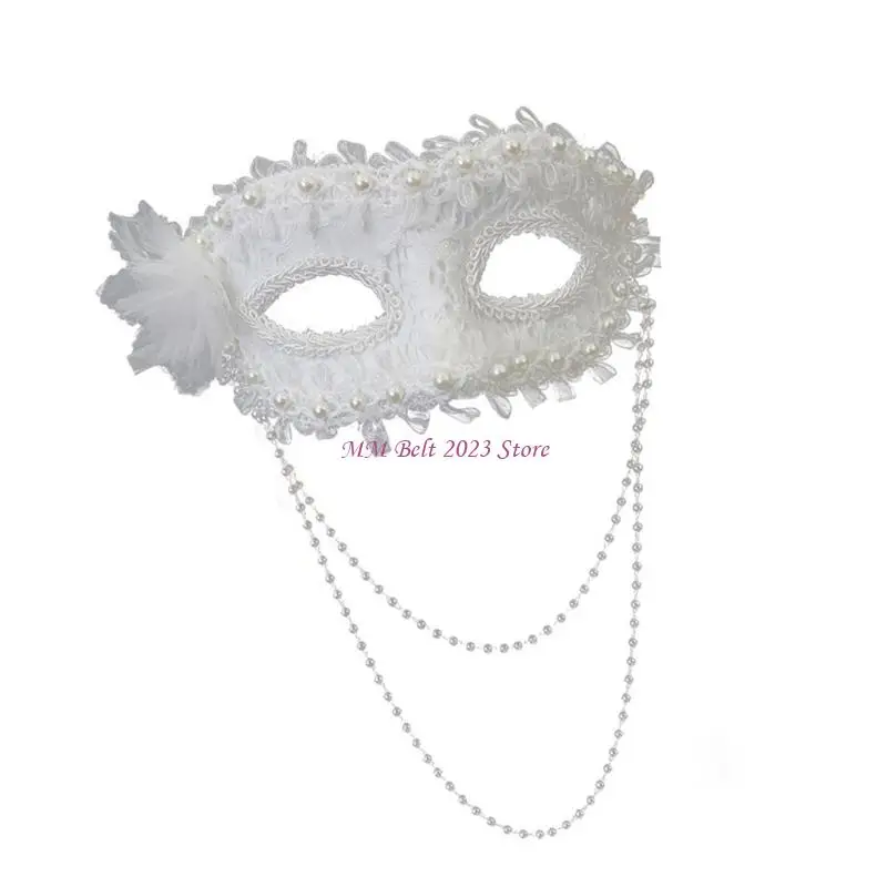 49ME Halfgelaatsmasker met elegante zijbloem en imitatieparels Lichtgewicht praktisch plastic Halloween-feest essentieel