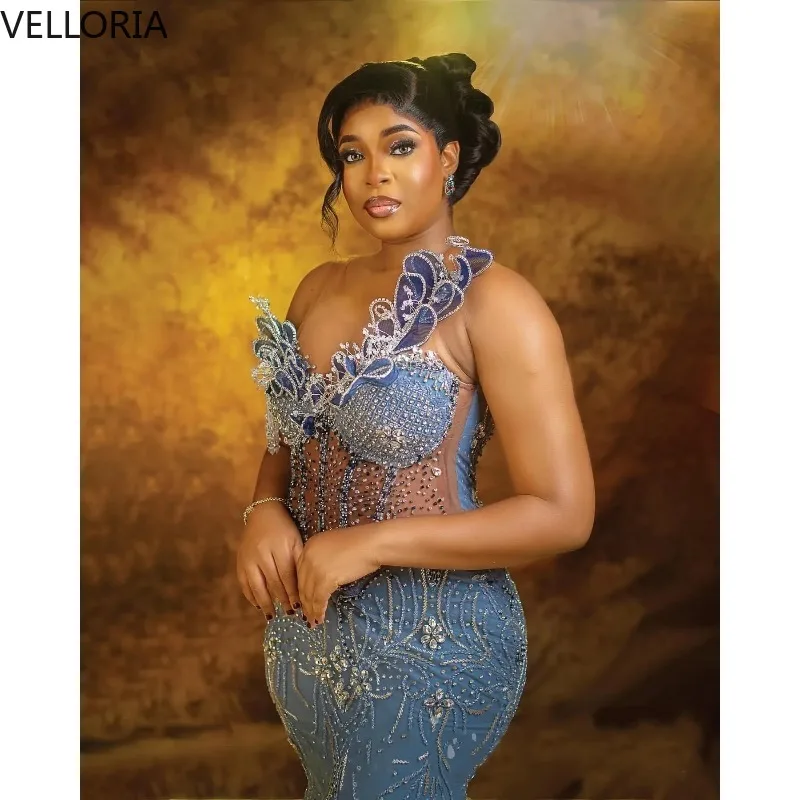 Lace Mermaid Flower Pattern Ball Dress Luxury One Shoulder Beaded Evening Dress Stickers African Women's Party Gown Customized