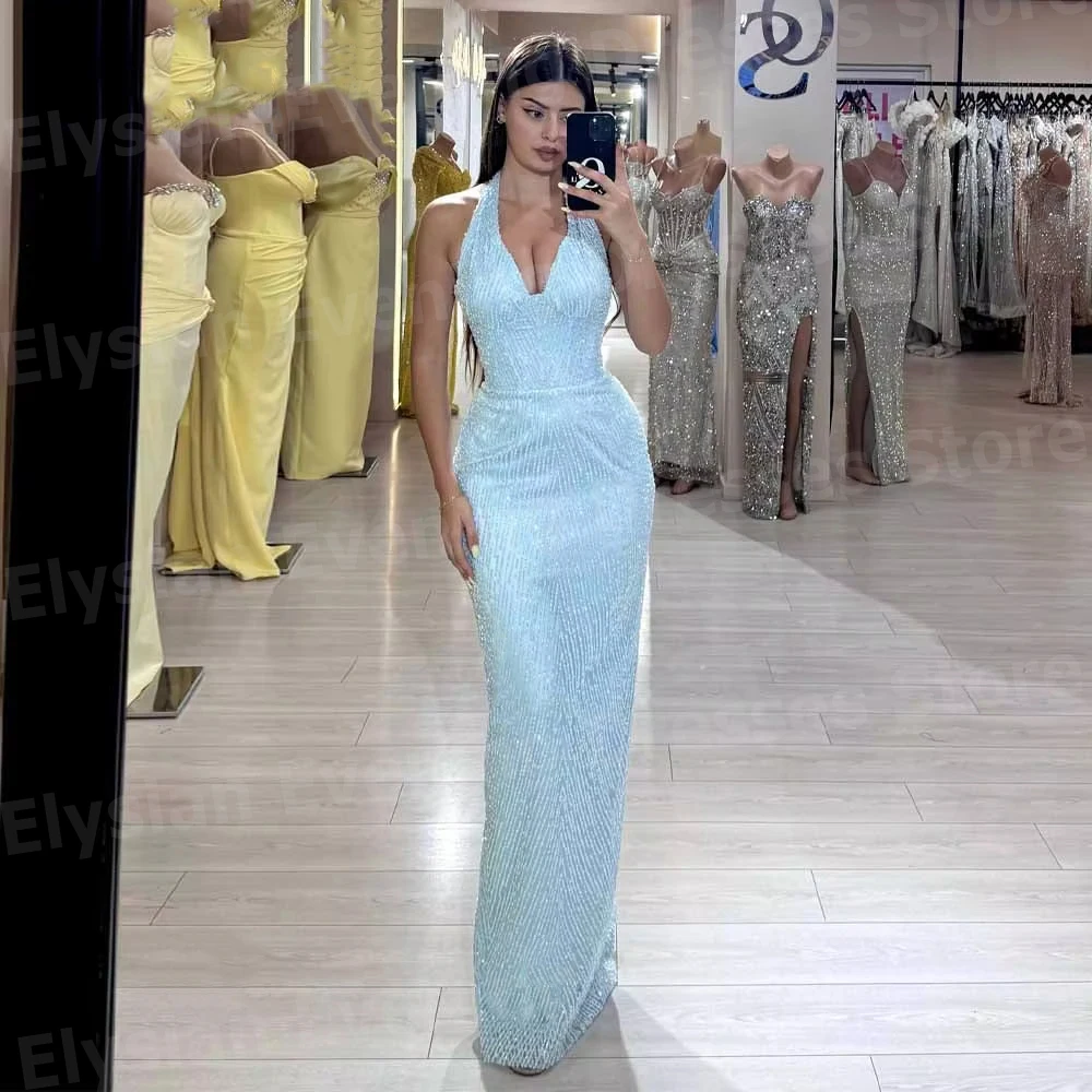 

Sparkling Women's Mermaid Sexy Halter Neck Evening Dresses Customized Robe De Soirée Prom Gowns Sleeveless Vestidos Para Mujer