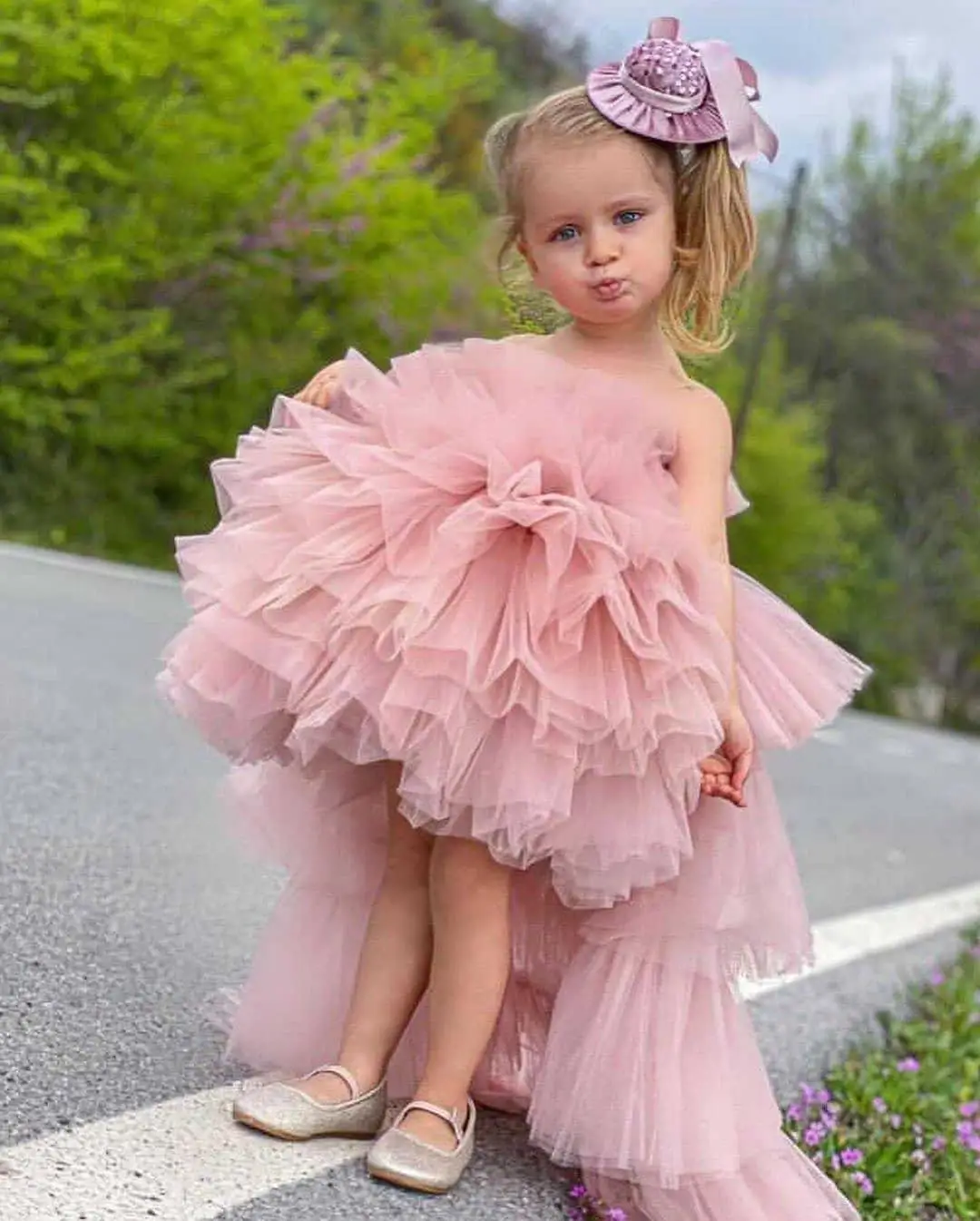 

Pink Puffy Flower Girl Dress Sheer Neck Princess Wedding Party Dress First Communion Gown Girls Birthday Dress