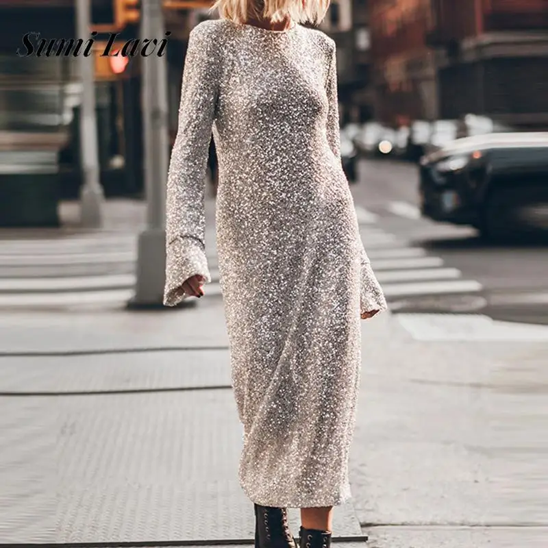 Women Fashion O-neck Split Long Sleeve Solid Party Dress Sexy Backless Hollow Maxi Dress 2024 Elegant Sparkling Beads Long Dress