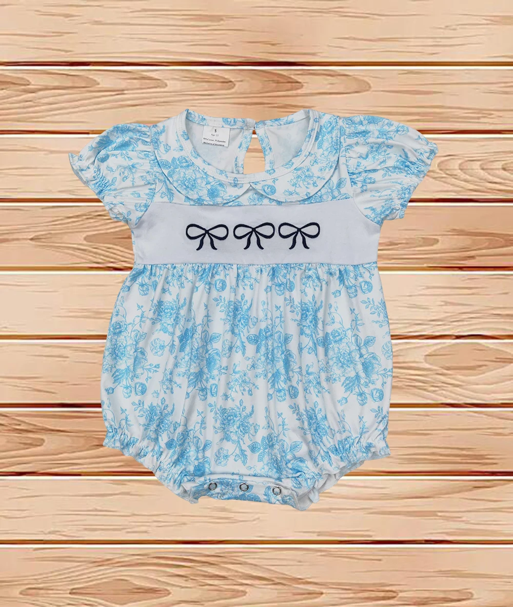 

3.24 Wholesale western boutique onesies Newborn toddler Embroidery Baby Infant Girls Blue Flowers Bows Rompers