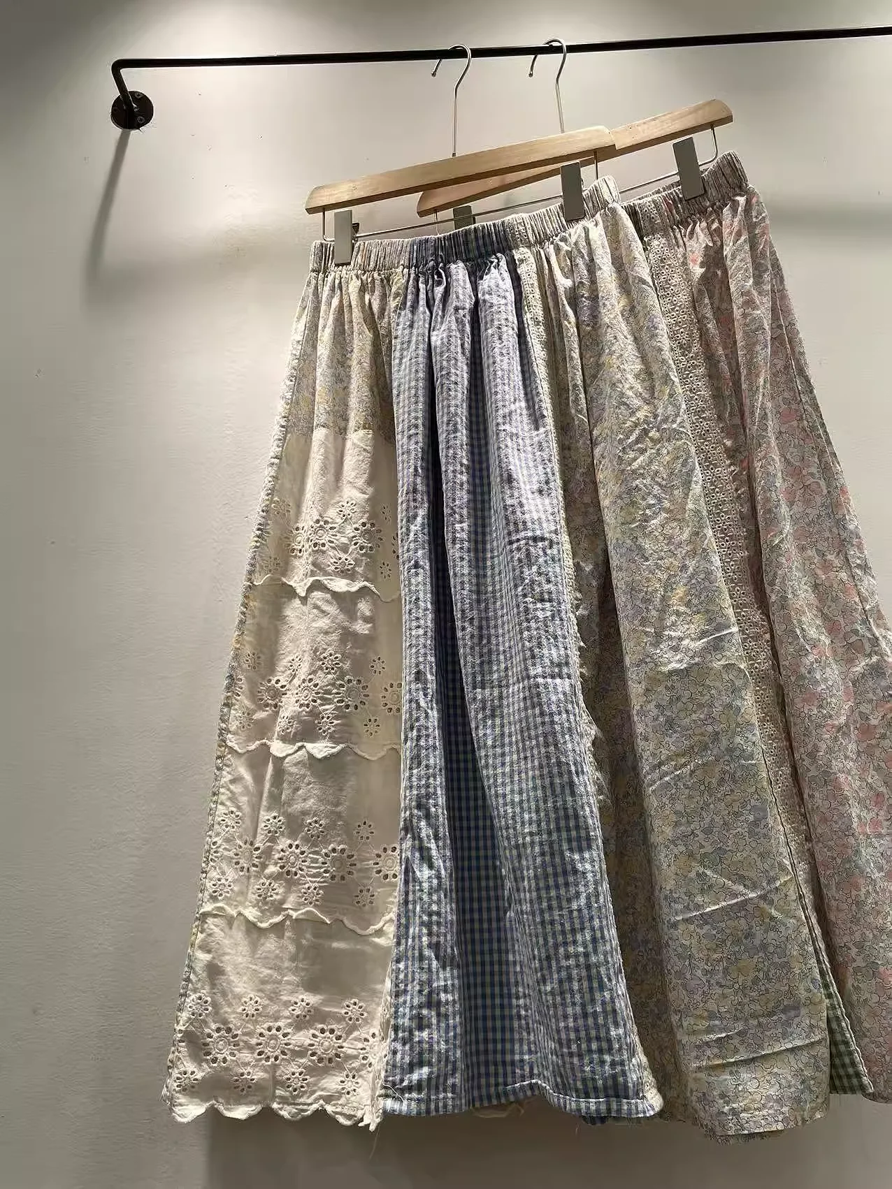 

2025 Mori girl summer Japanese style elastic waist print patchwork long skirts for women 100% cotton rustic design midi skirts