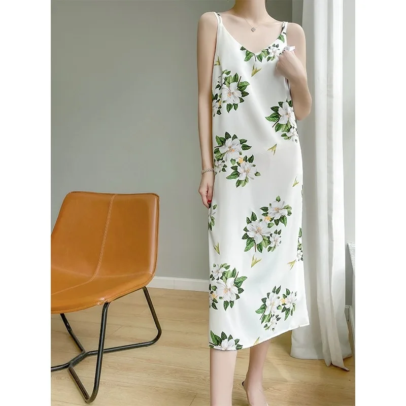 シルクブレンド サマー新作 スレヴァイオン アソーファイア レディース ストラップ付き ミディアム丈 アセテートサテンベーススカート Aラインガウン