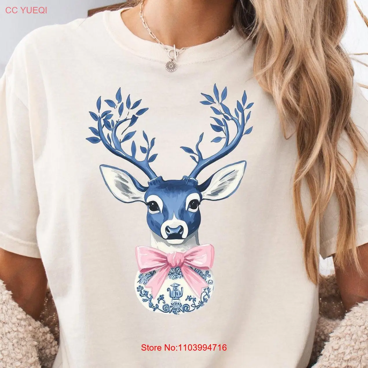 Preppy Grand Millennial Christmas Coquette Bow Deer T Shirt Raindeer Chinoiserie Blue Flower Floral Watercolor Print For Her