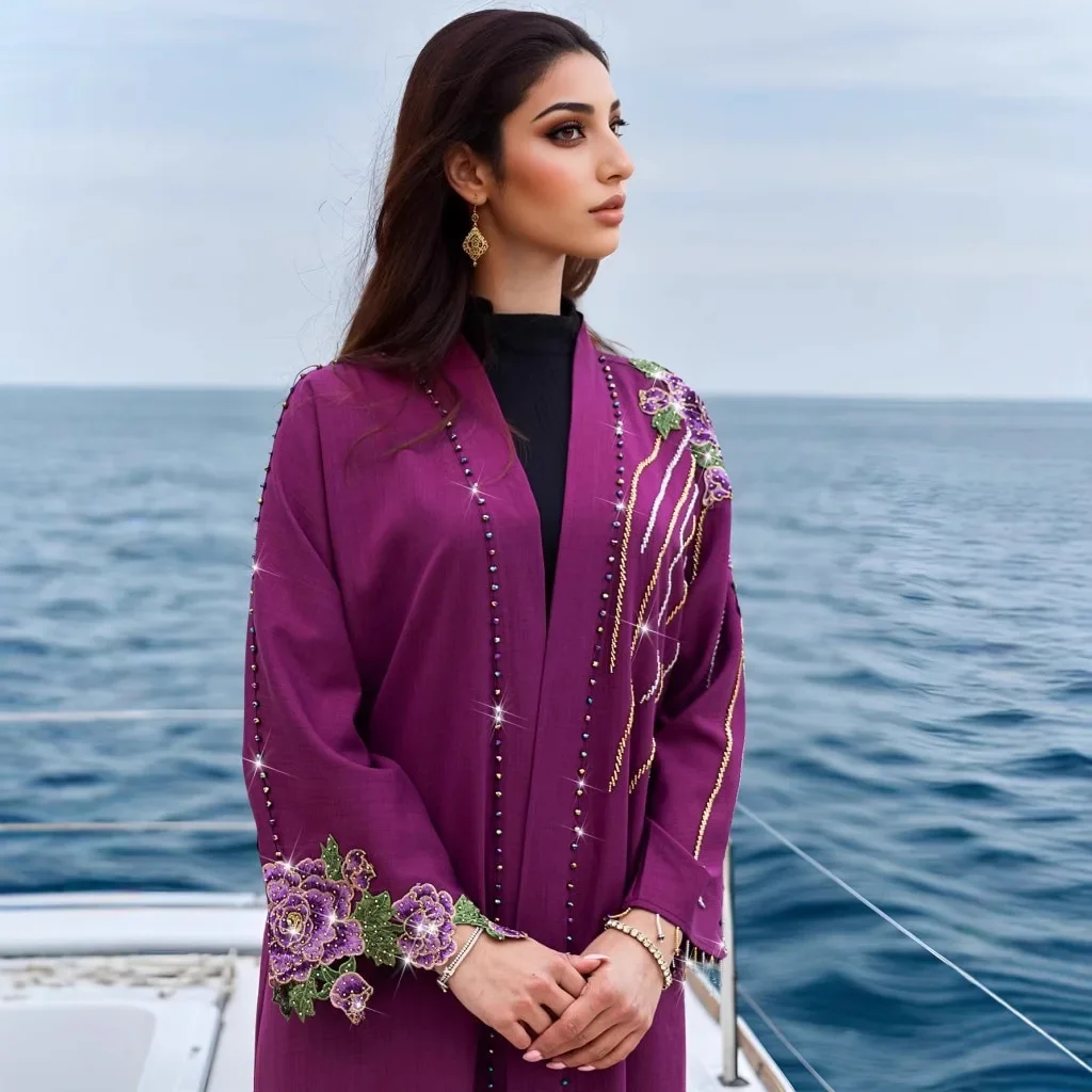 

Ramadan Beaded Open Abaya Dubai Embroidery Kimono Cardigan Eid Muslim Dress Kebaya Women Islam Clothing Femme Robe Caftan Abayas
