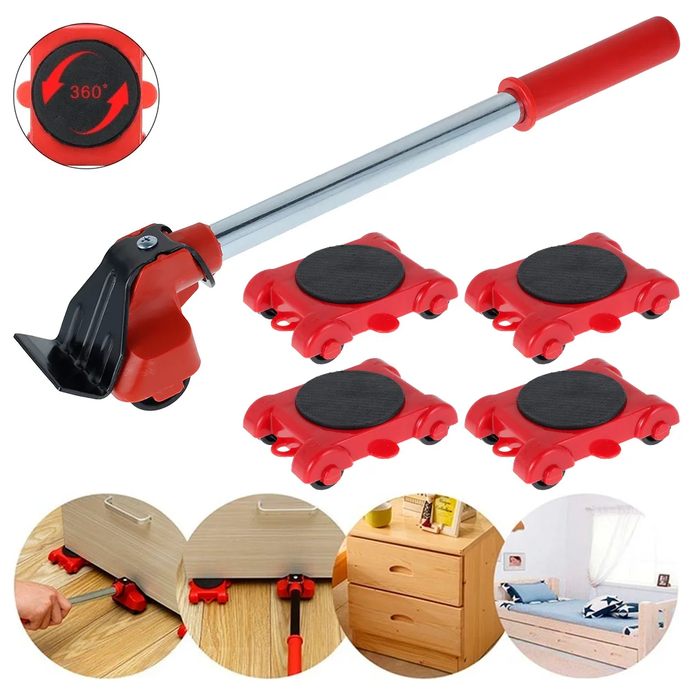 5 Pcs Heavy Duty Furniture Lifter Mover Roller with Wheel Bar Moving Device Lifting Helper Furniture Moving Transport Tools Set