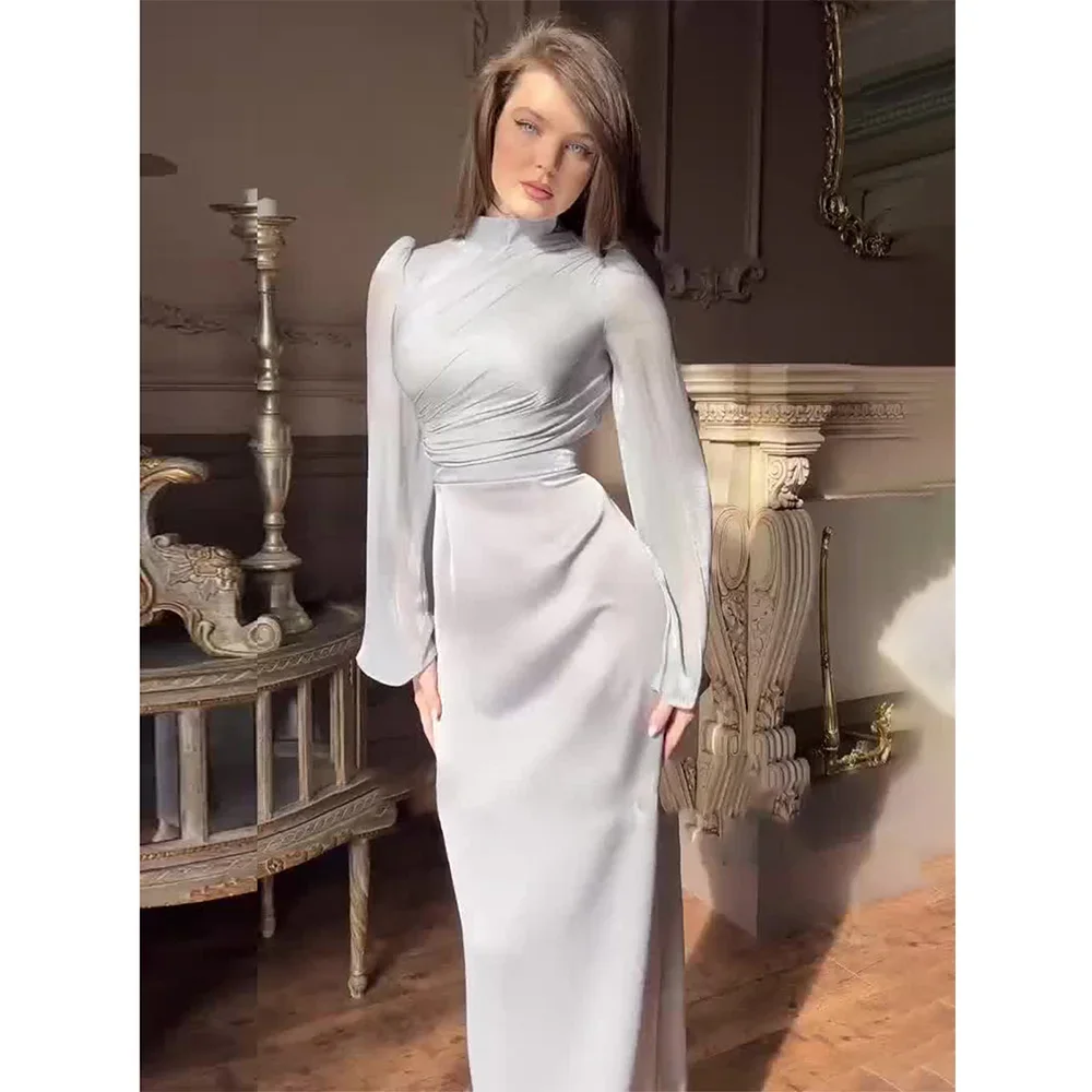 Women Dress Solid Long Dresses Mock Neck Full Flare Sleeve Party Casual Slim Fit Tight High Waist Vestidos Elegant Hip Wrap