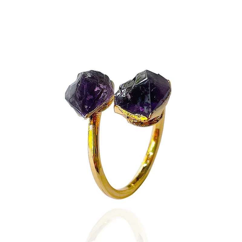 

Handmade genuine natural amethyst inlaid double-headed amethyst inlaid plated hemming adjustable, cross-border simple ring
