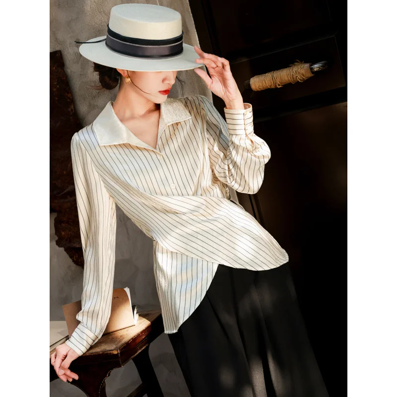 MEXCOCO 2026Spring and summer new style, elegant and simple striped collared shirt with waist tie