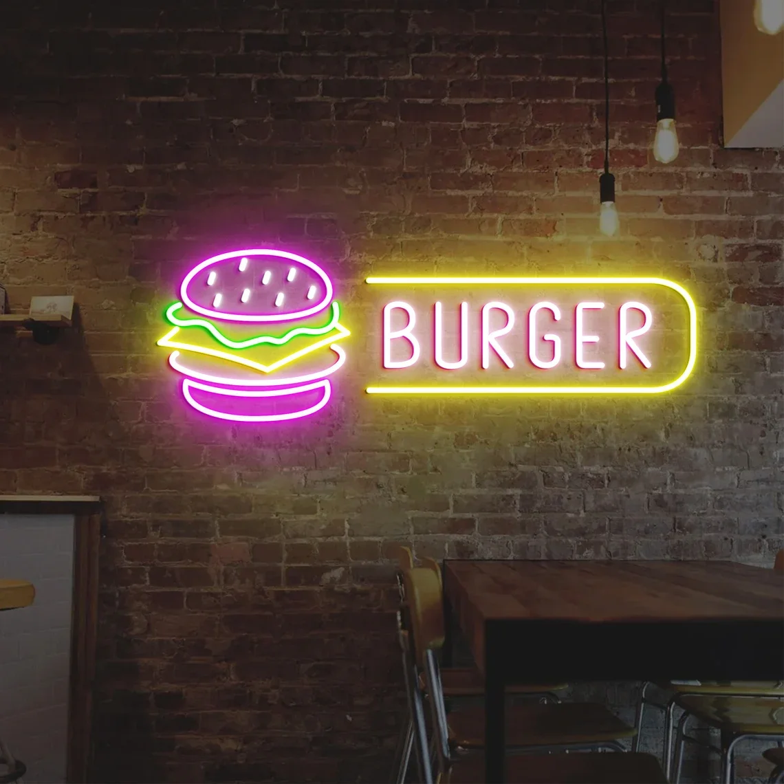 Burger Neon Sign Custom Fast Food Business Shop Neon Gift Opening Hamburger Shop Wall Art Hanging Restaurant Kitchen Neon