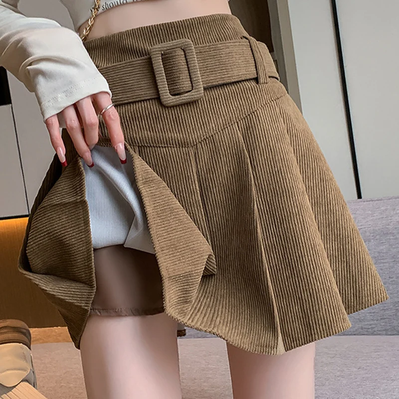 Fashion Belted Pleated Women's Skirts Autumn Winter Corduroy High Waist A-Line Skirts for Woman Loose Korean Mini Skirt Ladies