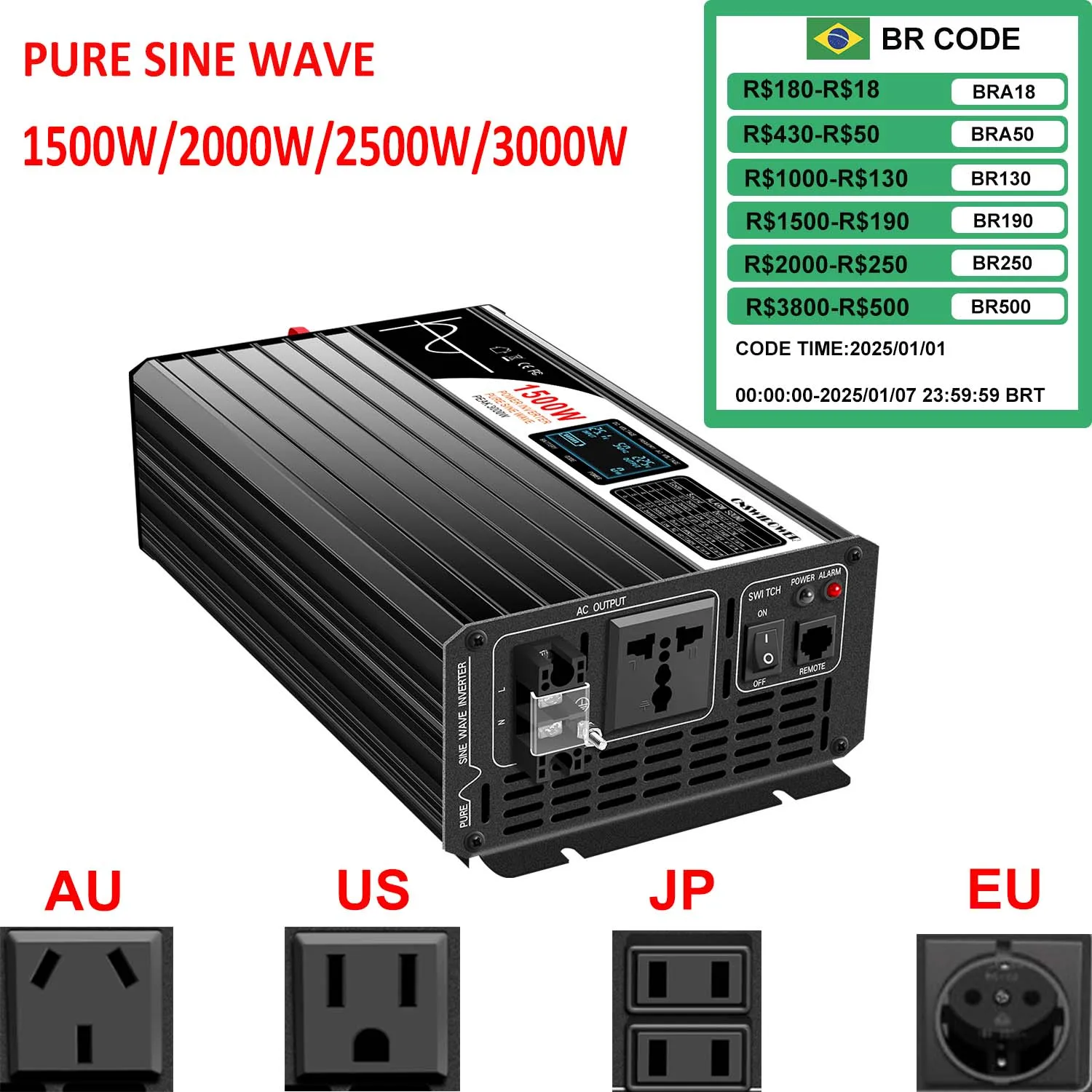 1500W 2000W 2500W 3000W pure sine wave solar power inverter 12V/24V/48V DC to 110V 220V AC LCD screen