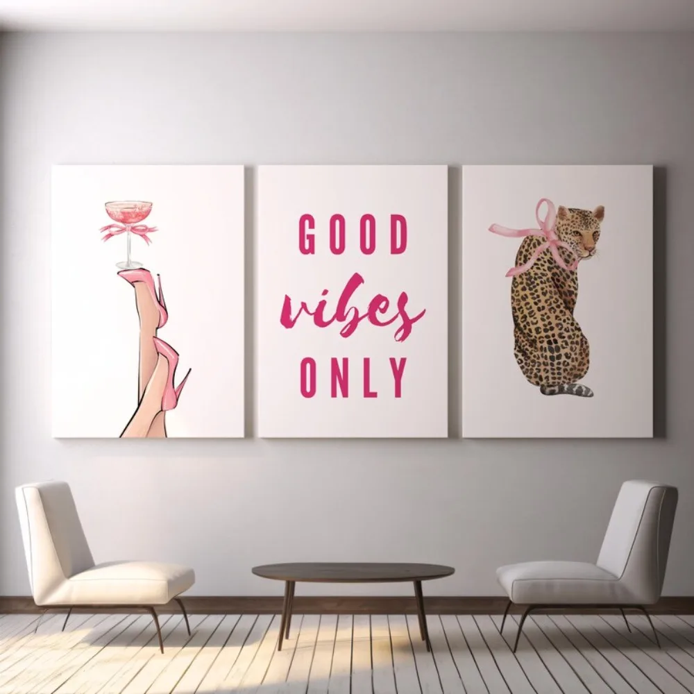 3 pcs Frameless Pink Preparatory Student Wall Art Set, Leopard, Cocktail,Good Vibes,Digital Download,Living Room Bedroom Decor