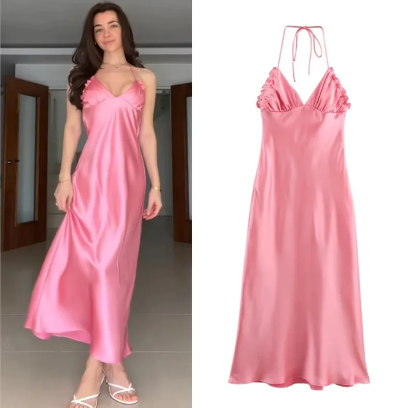 فستان أنيق بحمالات من الساتان للنساء وردي مثير بدون أكمام فساتين طويلة ضيقة بدون ظهر 2025 فساتين صيفية جديدة أنيقة للحفلات المسائية #2