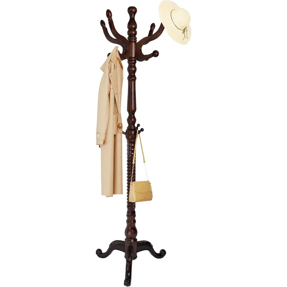 Solid Wood Coat Rack, Free Standing Hall Coat Tree with 11 Hooks, 2 Height Options, 270lbs Load, Stury Base, Clothes Rack for En