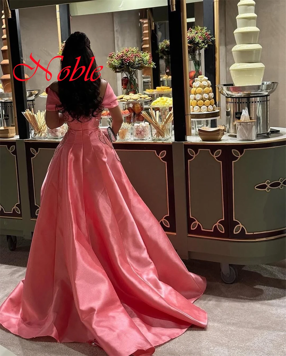 Customized Exquisite Pink Satin Evening Dress Temperament  Boat Neck Off the Shoulder Short Sleeves Zipper Back Celebrity Gowns