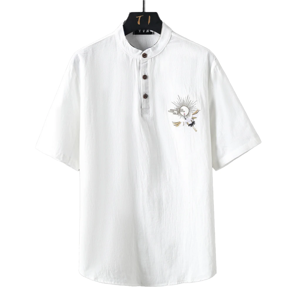 

Daily Blouse Shirts Casual Chinese Half-sleeved Kung Fu Loose Mens Round Neck Short Sleeve Solid Color Hot New