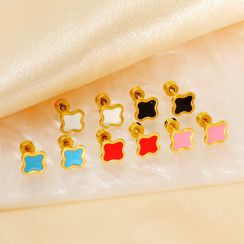 

10 шт. модные простые ювелирные изделия из нержавеющей стали, позолоченные красочные эмалированные серьги-гвоздики в виде клевера для женщин