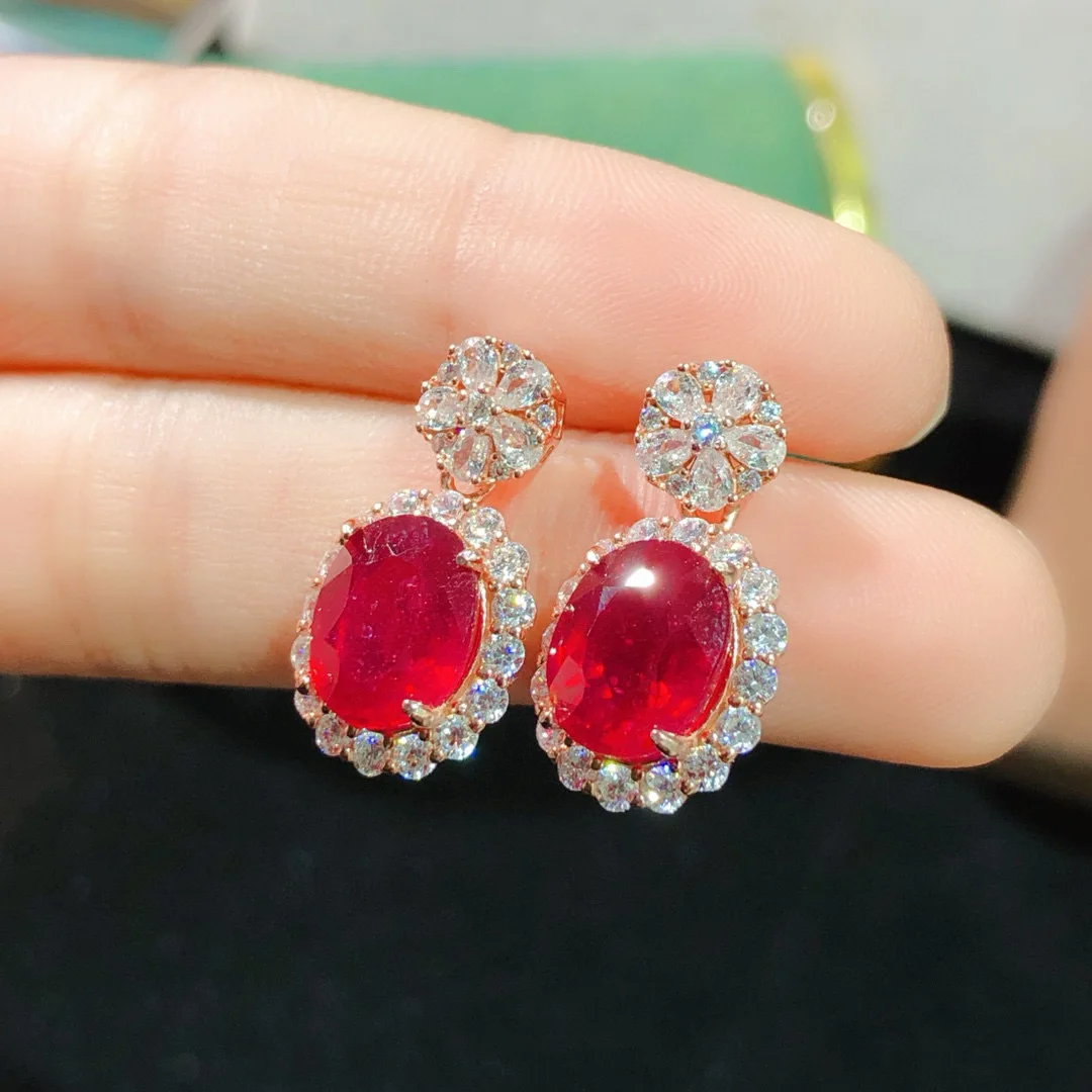 Heat-Treated Ruby Dangle Earrings, 8x10mm Main Stones 925 Silver Fine Setting, Elegant Gemstone Jewelry Gift for Women