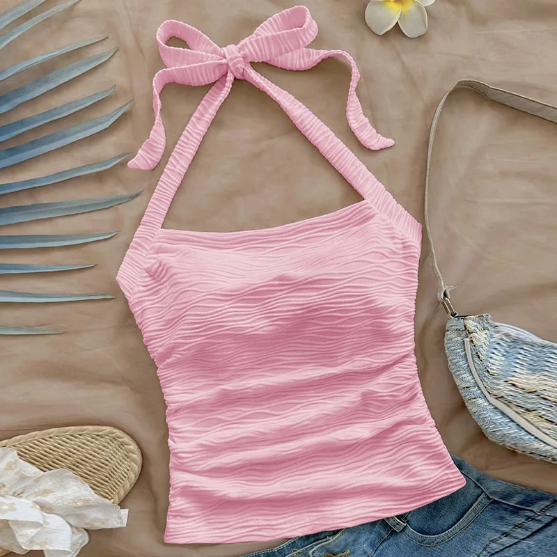 

2025 Summer Hot Girl's Suspender Small Vest Sexy Lace-up Top Solid Color Pink Women's Suspender Strap