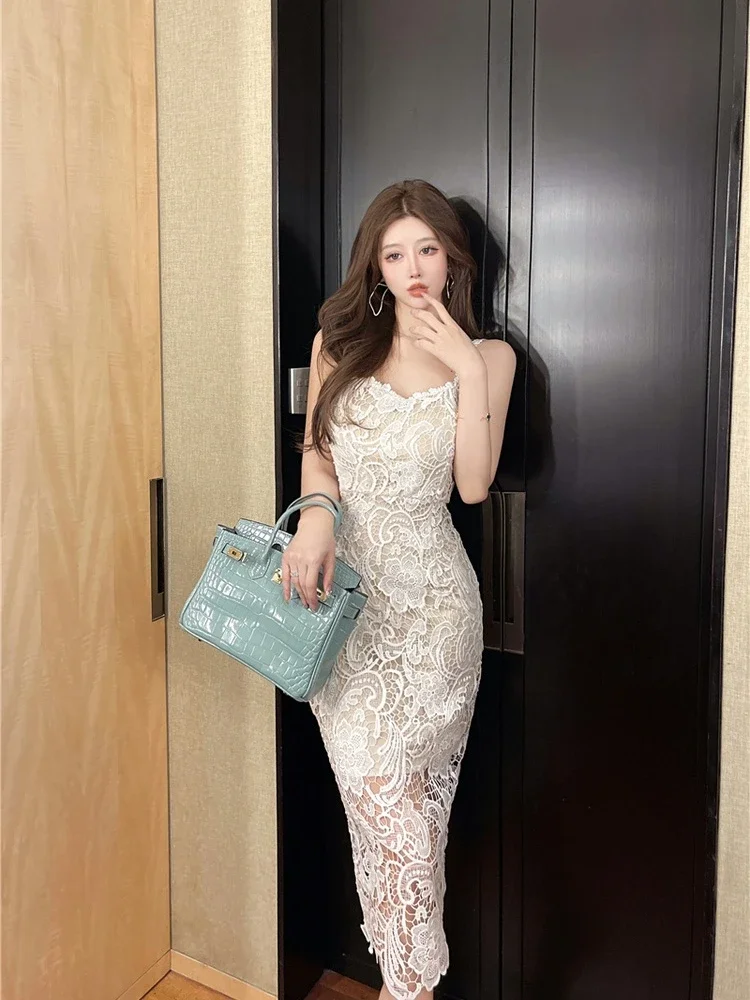 Topanoma Evening Dresses Women Lace Hollow Out Sleeveless Split V Neck Sexy Cocktail Dresses Wedding Party Clubwear Elegant