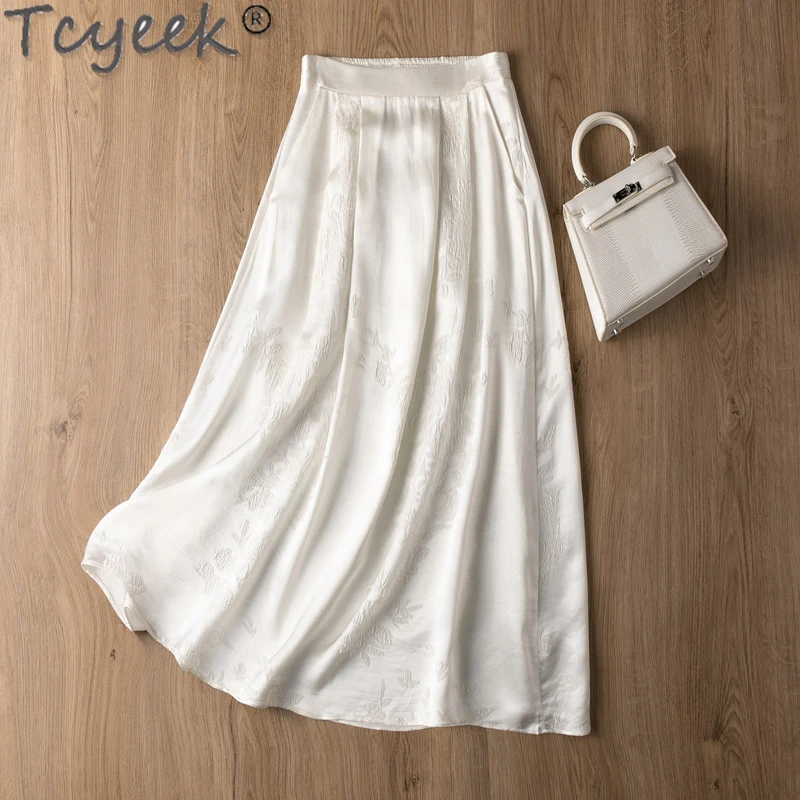 

Tcyeek 28mm Mulberry Silk Skirts for Woman Spring Summer Clothes Women's Elegant Skirts 50% Real Silk Long Skirt White Skirts