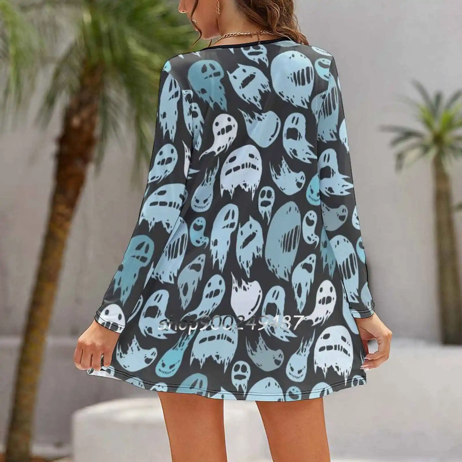 Ghosts Party Women Casual High Waist Mini Dress Long Sleeve Dress Autumn New Fashion Dress Haunting Ghost Flying Party Pattern