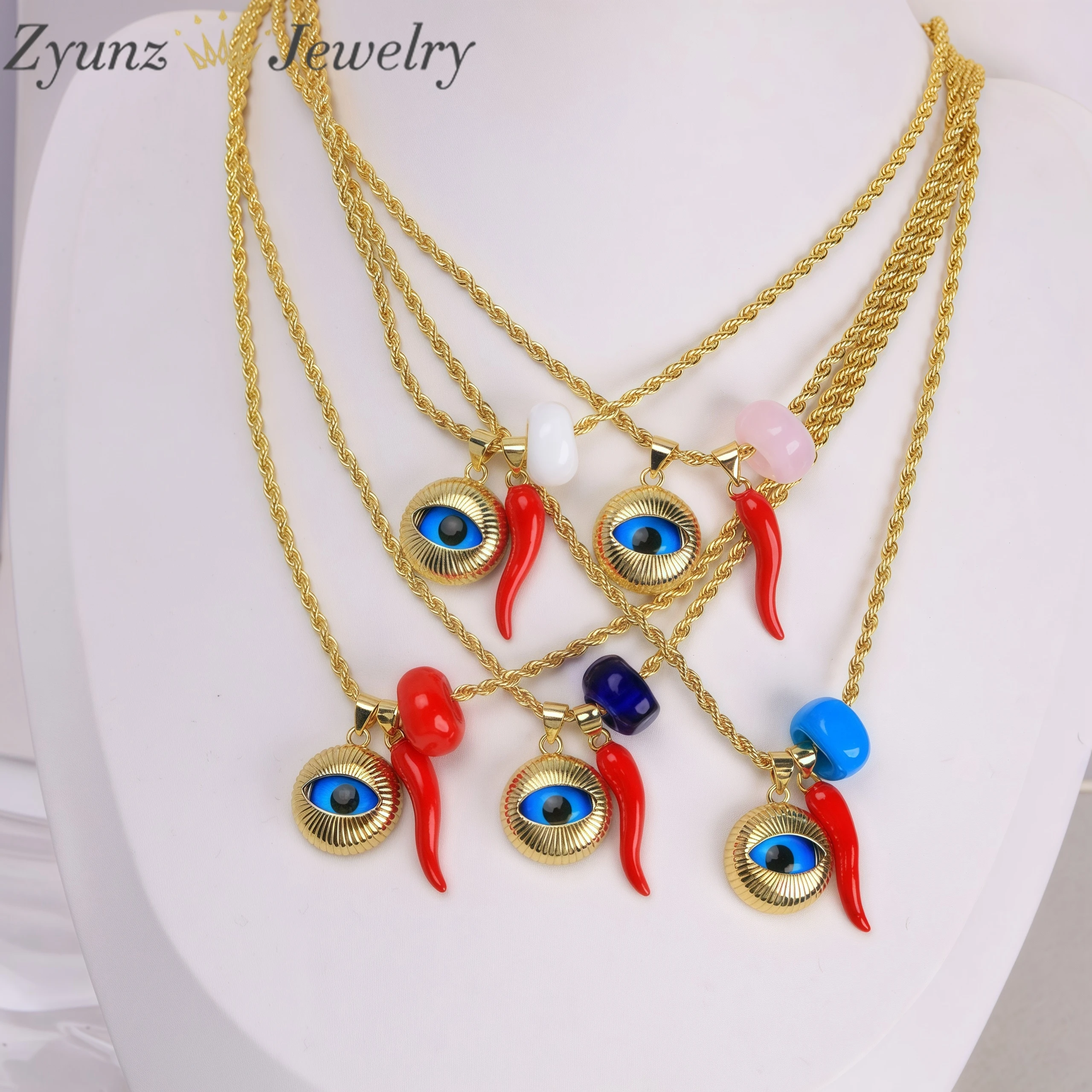 5Pcs, Turkish Evil Eye Necklace Lucky Blue Eye Lampwork Pendant Red Pepper Charms Unisex Fashion Jewelry Necklace