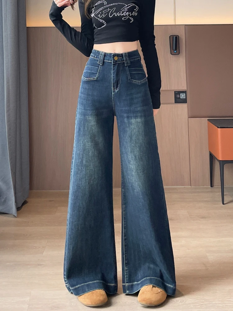 Retro-Jeans im amerikanischen Stil für Damen im Herbst und Winter, neue, hoch taillierte, schmal geschnittene, dicke, vielseitige Hose mit geradem Bein