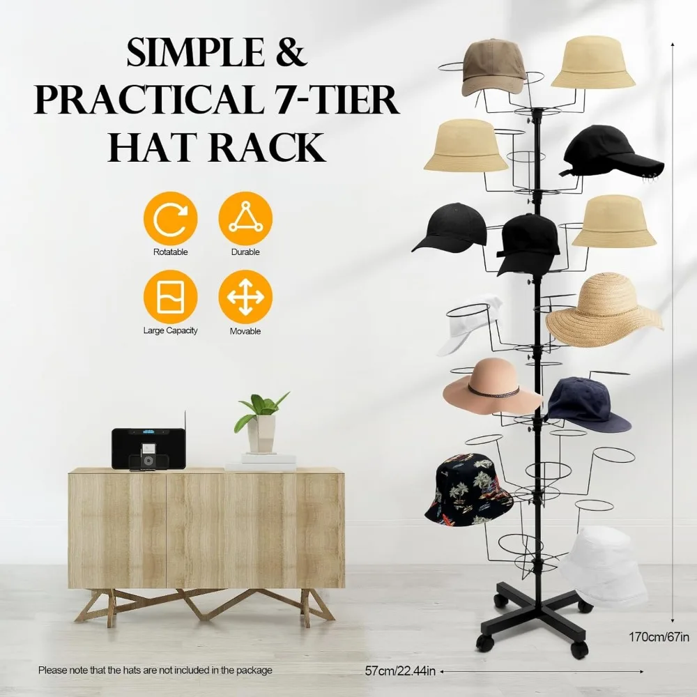

Freestanding Rotating Hat Display Rack with 35 Hooks 7 Tiers Hat Holder Storage Organizer with Wheel Floor Stand Display Holder