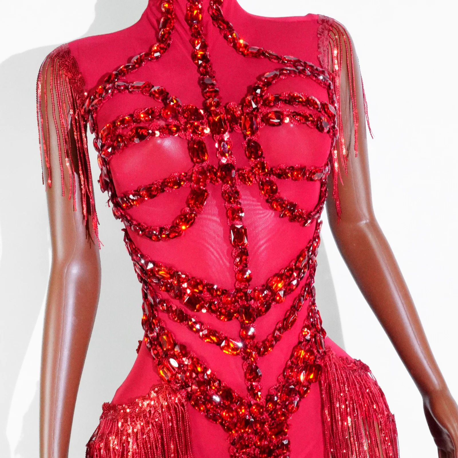 Nuovo stile sexy maglia trasparente strass nero strass body cantante ballerino spettacolo abito da palcoscenico celebra festa night club perforare