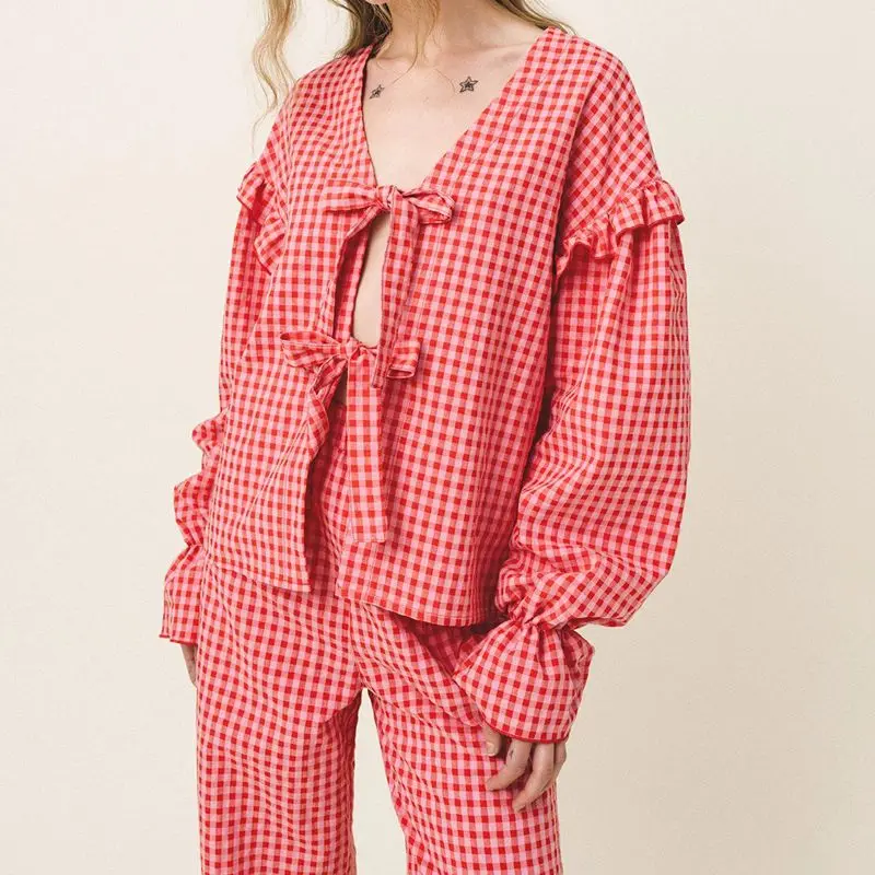 

Combhasaki Women 2Piece Plaid Print Loungewear Loose Outfits Set Bow Tied Front Hollowed Shirt Top with Ruffled Flare Long Pants