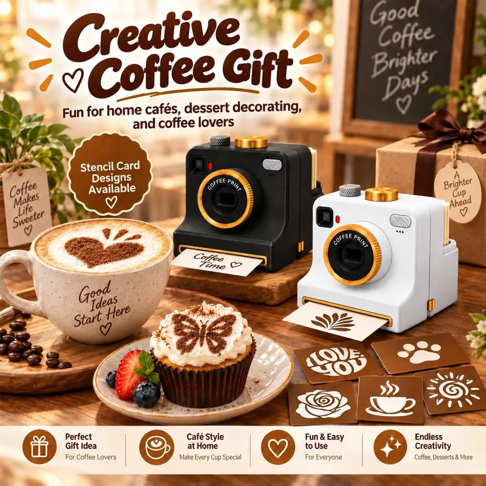 Handheld Coffee Stencil Printers 3D Printed Latte Art Cameras Interchangeable Templates Cappuccino Mold birthday Christmas Gift