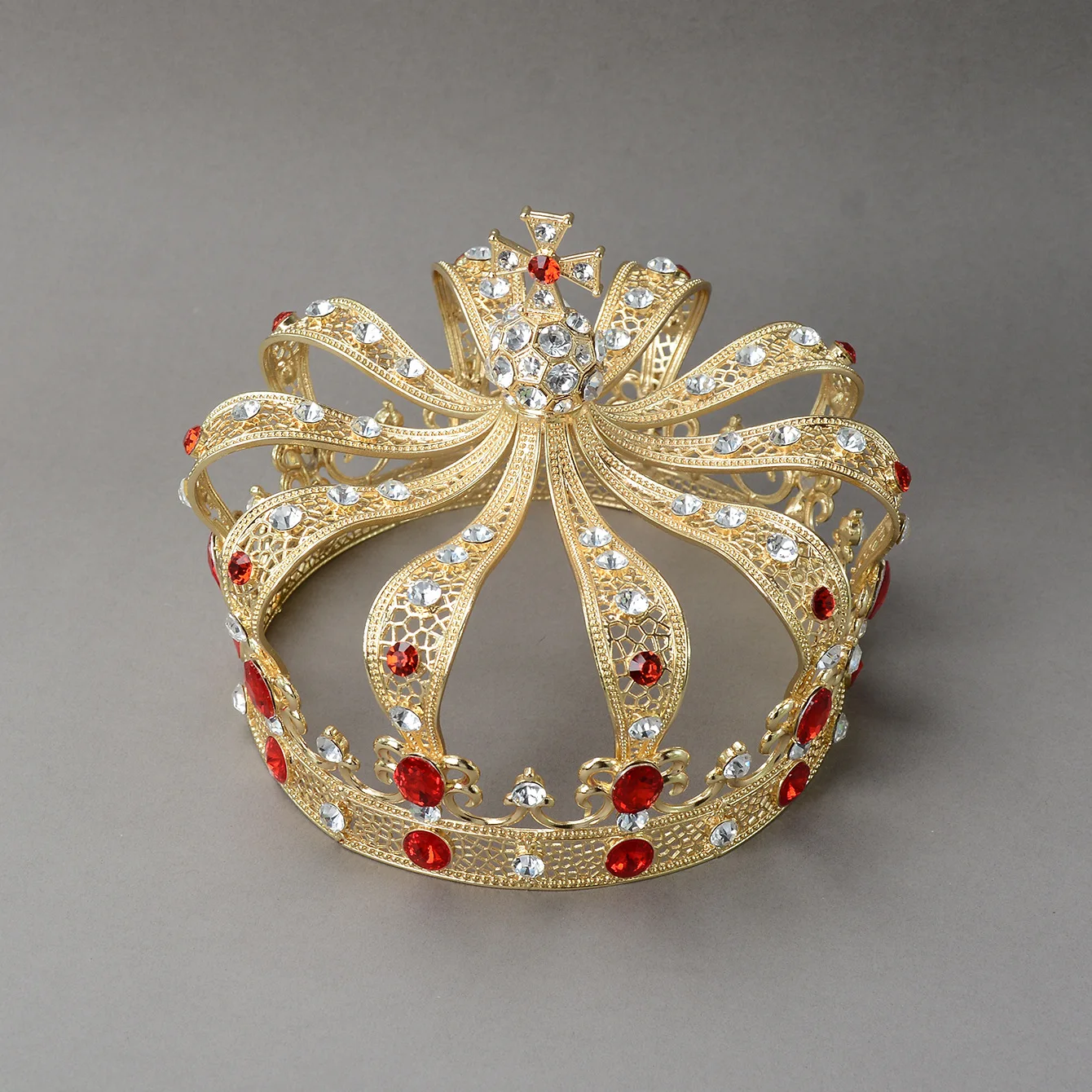 Gold Red Crystal King Crowns Men Prince Alloy Metal Round Tiaras Crowns Women European Costume Witch Pageant Headpieces