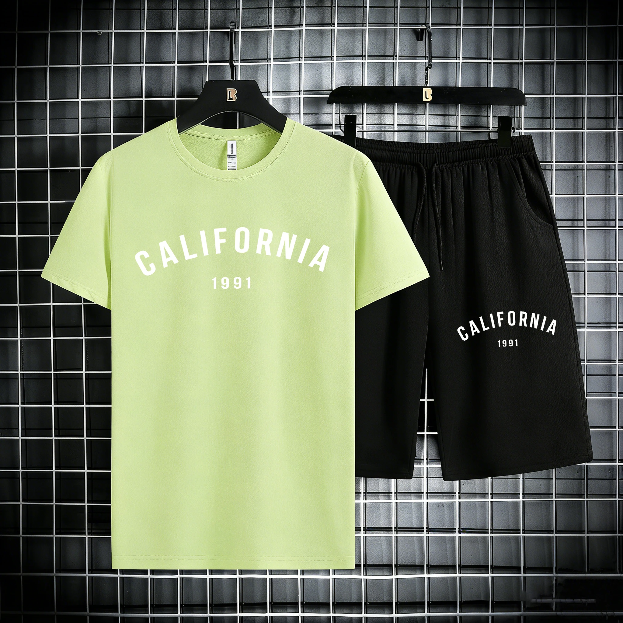 

Califirnia Letter 1991 Printing Men Cotton Summer Loose Sportswear 2 Piece Set Gym Street T-Shirt Oversized Daily Pocket Shorts
