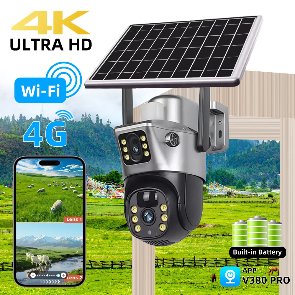 8MP 4G بطاقة SIM كاميرا تعمل بالطاقة الشمسية في الهواء الطلق كاميرا مراقبة CCTV لاسلكية مع لوحة طاقة شمسية عدسة مزدوجة PTZ IP كاميرا الحماية الأمنية #1