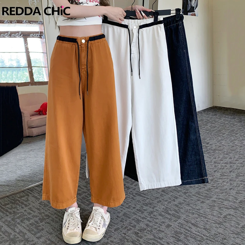 

REDDACHiC OL Women Drawstring Straight Cropped Jeans Plus Size Solid Elastic Waist Wide Leg Casual Pants Trousers Summer Clothes