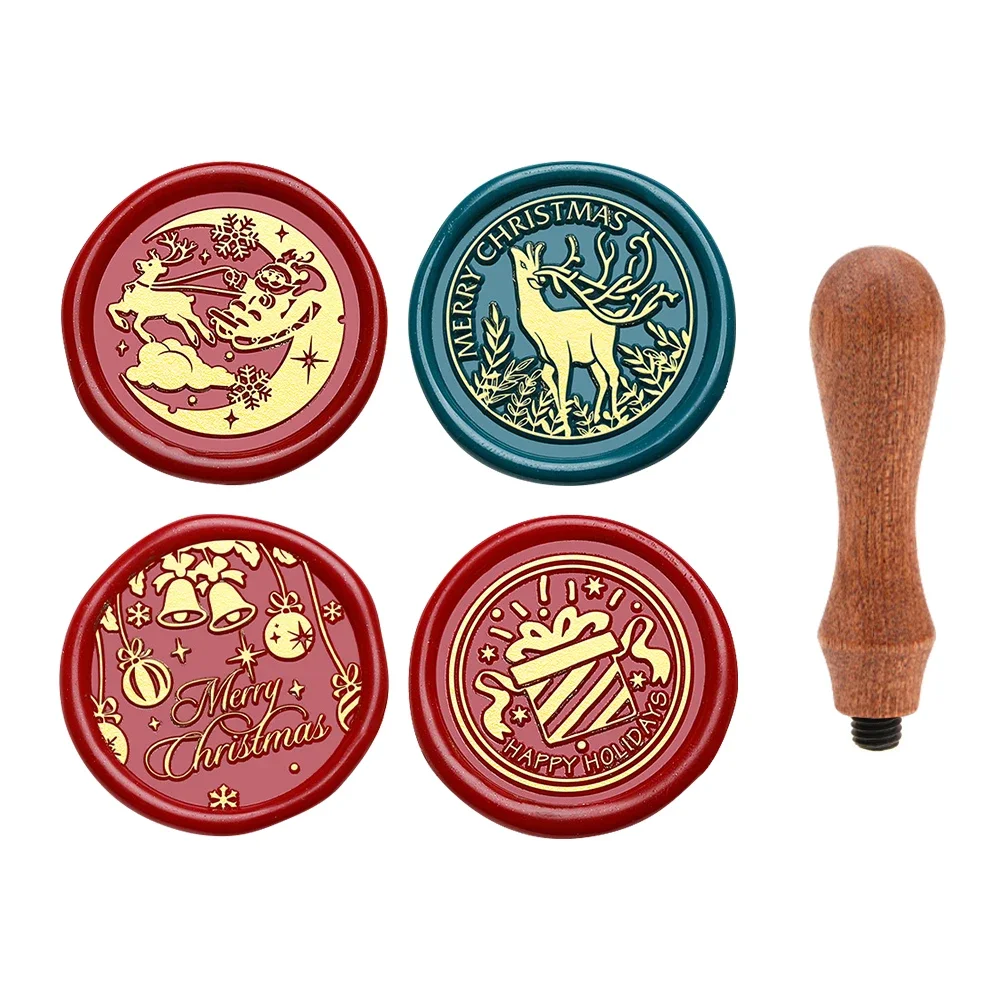 مجموعة ختم من الشمع لموسم عيد الميلاد، 4 رؤوس ختم بتصميم ومقبض واحد لتزيين حفلات عيد الميلاد ومغلفات بطاقات المعايدة