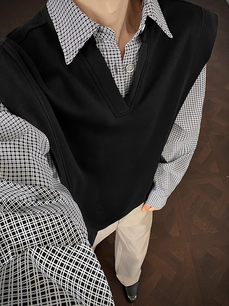 

Клетчатая лоскутная поддельная двухсекционная толстовка, мужская осенняя элитная американская тяжелая многослойная длинная футболка све