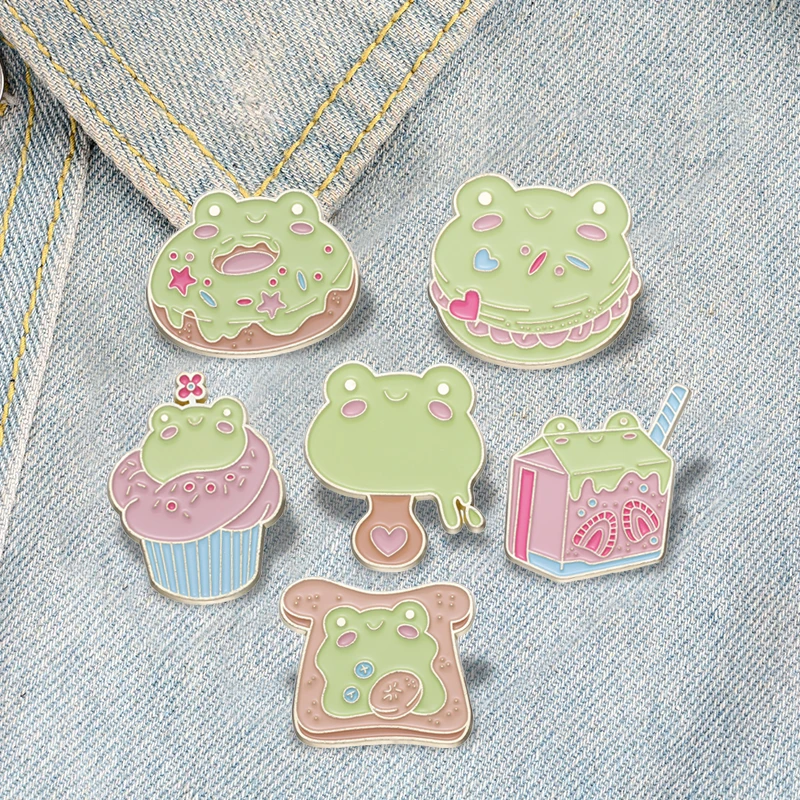 Frog Dessert Enamel Pins Custom Donut Juice Toast Hamburger Ice Cream Brooches Lapel Badges Animal Jewelry Gift for Kids Friends