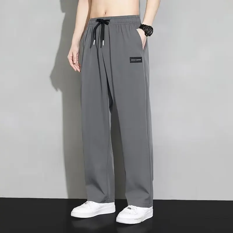 Pantalones de chándal coreanos de seda de hielo para hombre, Pantalones rectos de piernas anchas, pantalones deportivos para correr, ropa de calle japonesa Y2k, Verano