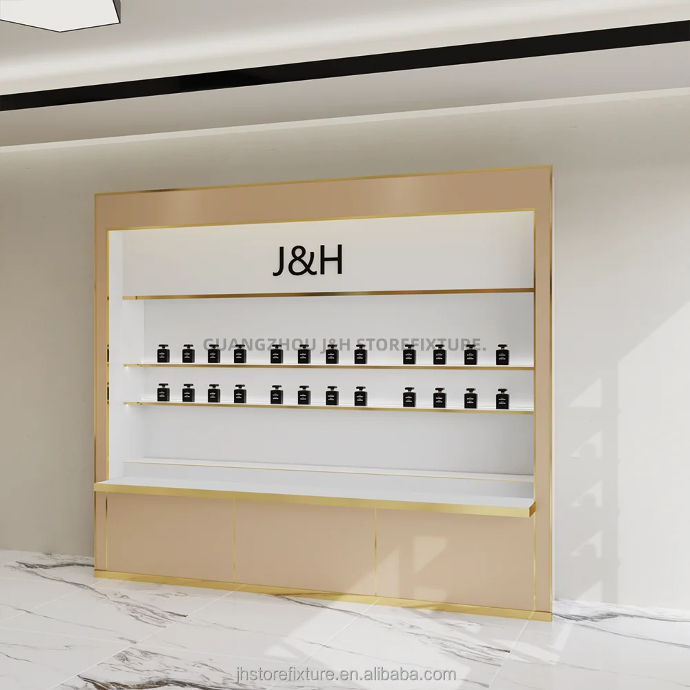 ชั้นวางสินค้าสำหรับร้านเครื่องสำอาง ชั้นวางติดผนังสำหรับร้านค้าปลีกเครื่องสำอาง ชั้นวางแบบกำหนดเองพร้อมกล่องไฟ ตู้โชว์สินค้าสำหรับร้านเสริมสวย