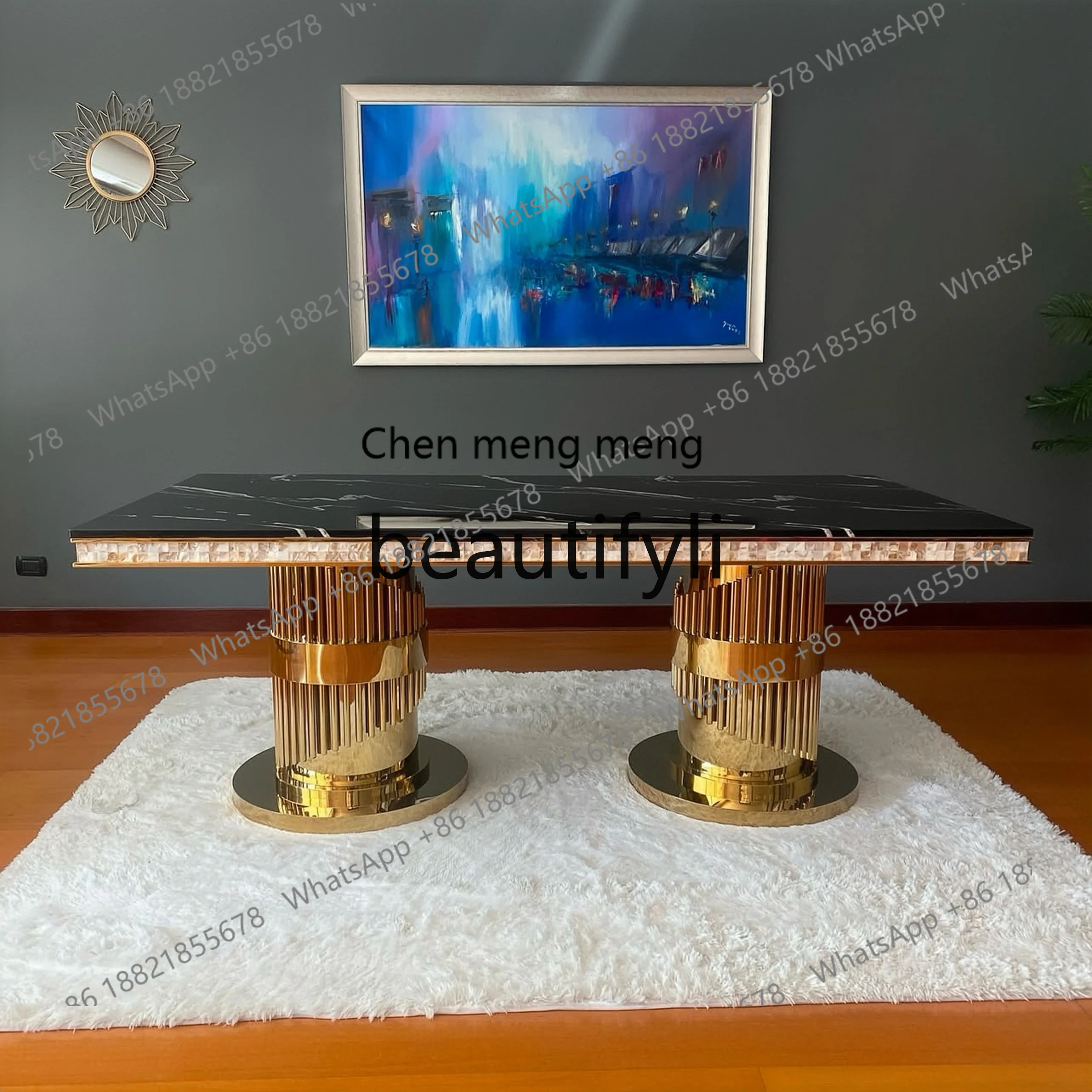 

X Light Luxury Stainless Steel High-End Dining Table Modern Simple Home Use Marble Rectangular High-End Dining Table