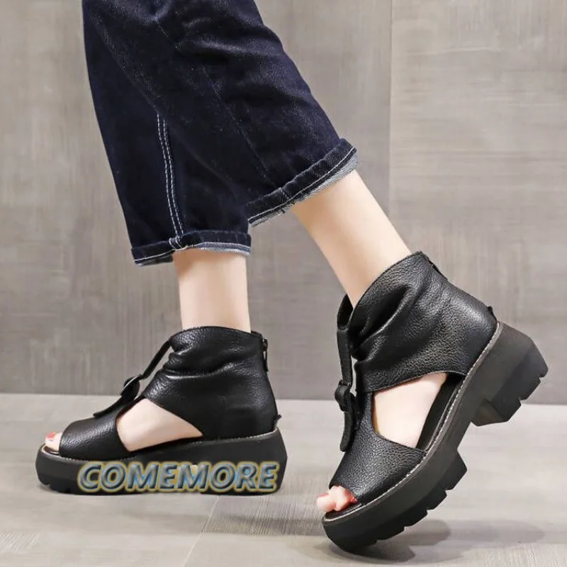 2023 New Fashion Ladies Sandals Wedges Pu Open Toe Summer Fashion Female Gladiator Solid Color Sandals Platform Shoes for Women